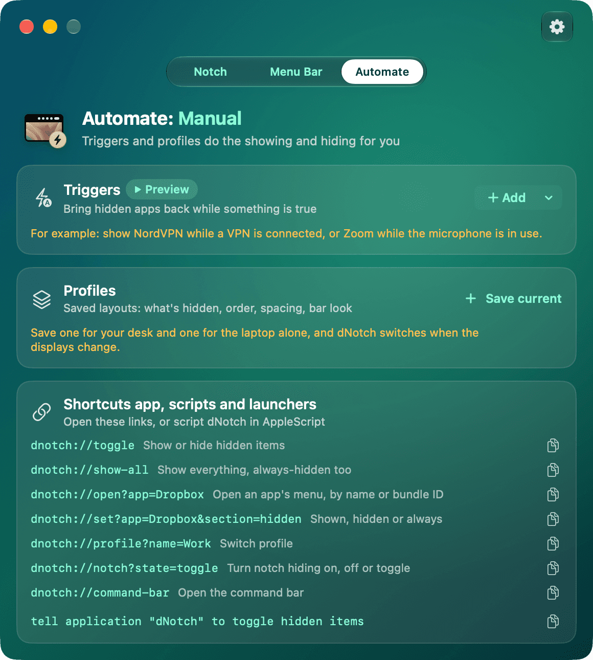 The Automate tab: triggers, profiles, and dnotch:// links for scripts.
