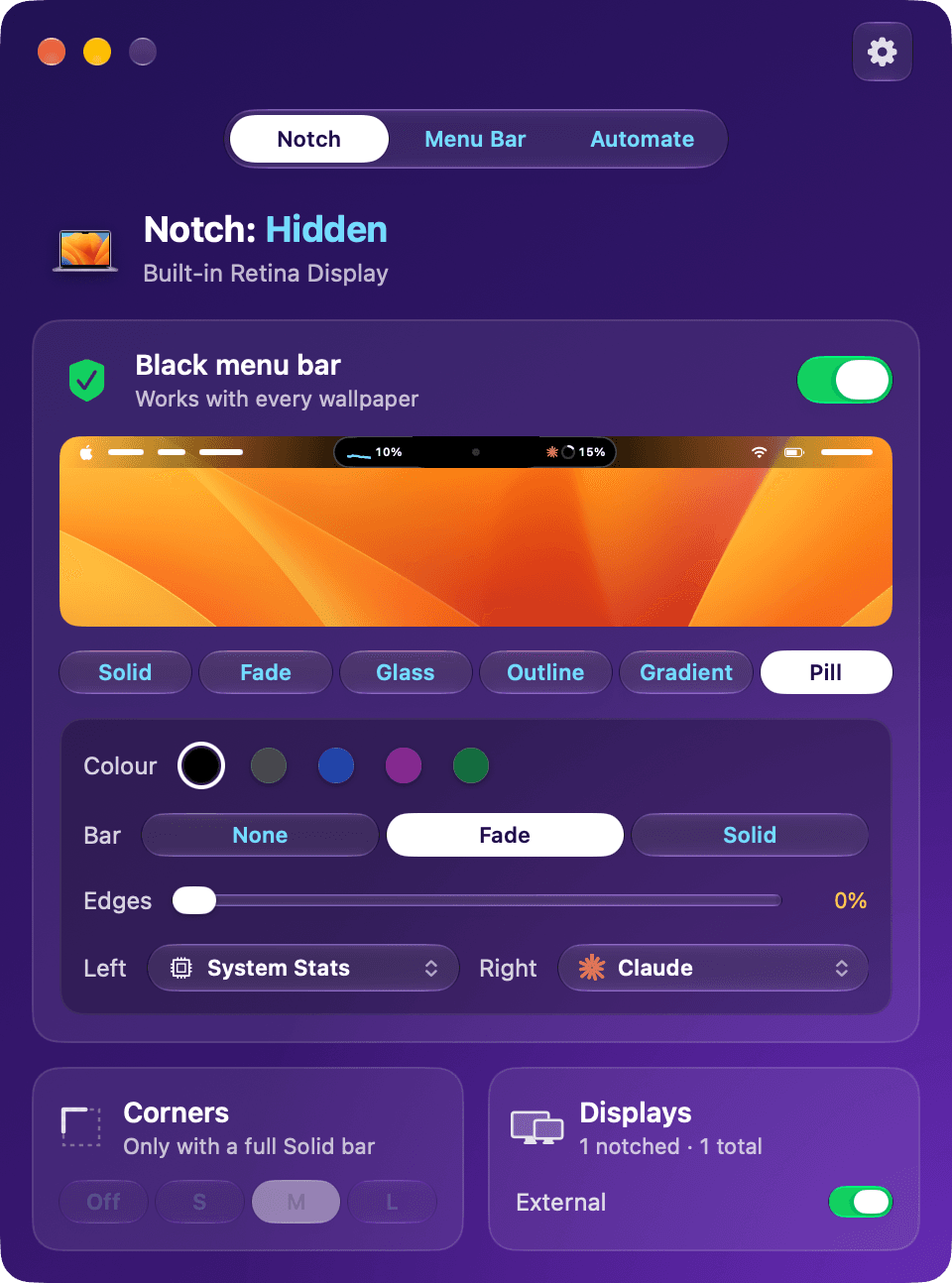 The Notch tab: black menu bar on, Pill style, with System Stats on the left and Claude on the right.